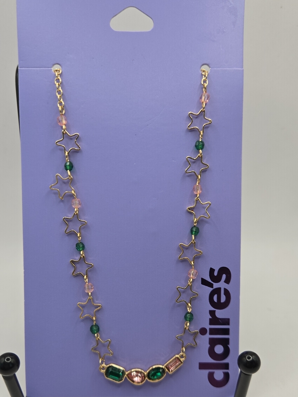 NEW Claire's Gold Star & Gem Necklace - Pink and Green Beads
